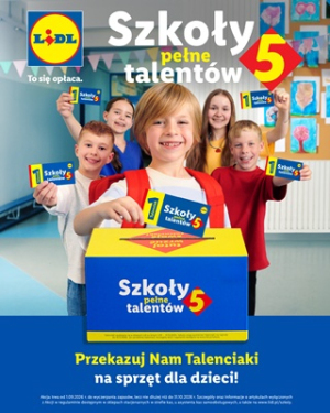 Teraz robiąc codzienne zakupy w Lidlu, możesz wspierać Naszą szkołę! 
1. Zrób zakupy za min. 50zł w tym przynajmniej 1 warzywo lub 1 owoc 
2. Przy kasie odbierz kupon - TALENCIAKA 
3. Przekaż TALENCIAKA Naszej szkole!!!
 JAK PRZEKAZAĆ TALENCIAKA NASZEJ SZKOLE? 
DWA SPOSOBY: 1. Wrzuć TALENCIAKA do specjalnego pudełka w Szkole 
2. Zeskanuj kod QR z TALENCIAKA Więcej na: https://www.lidl.pl/szkoly